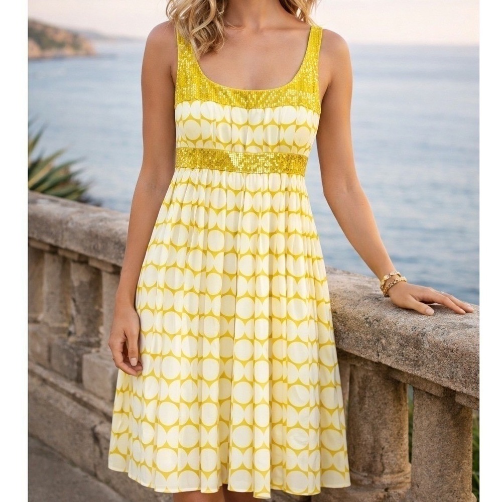 Carmen Marc Valvo Dress Womens 6 Yellow White Sequin Silk Trim Cotton Excellent‎